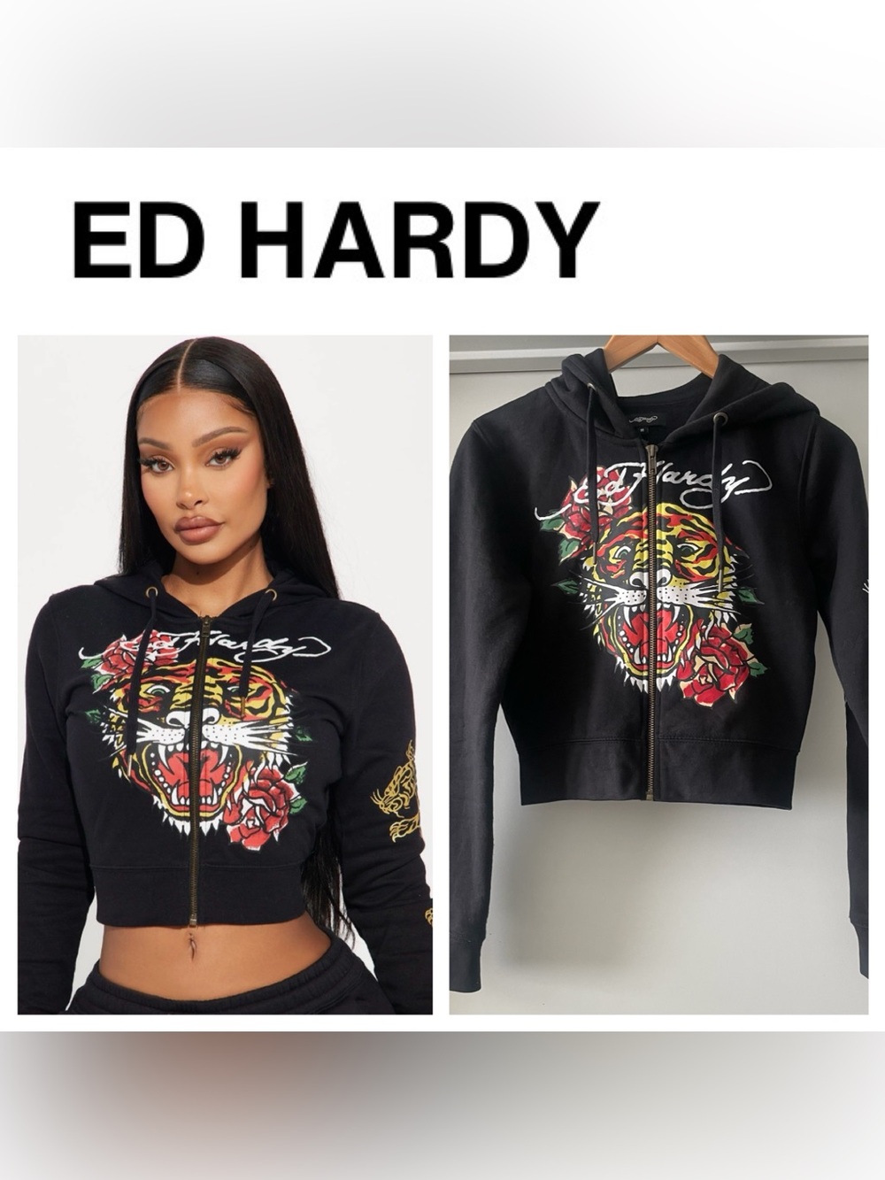 ED HARDLY Black Cropped Zip Hoodie with Multicolor Tiger & Rose Graphic